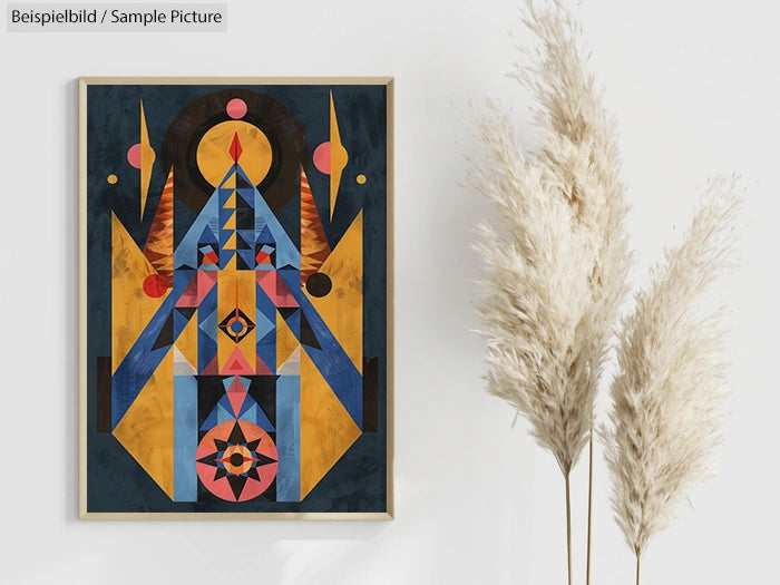 Geometric abstract painting with colorful triangles and circles, framed and hung on a wall beside pampas grass decor.