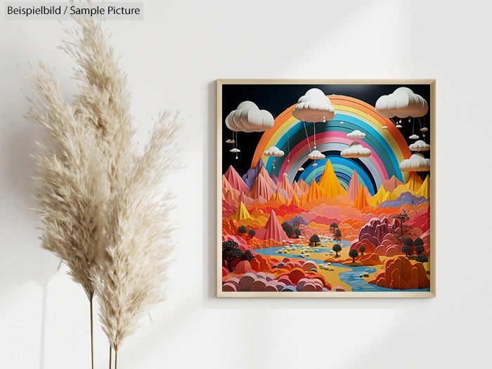 Framed colorful landscape painting with rainbow and mountains, next to decorative pampas grass.