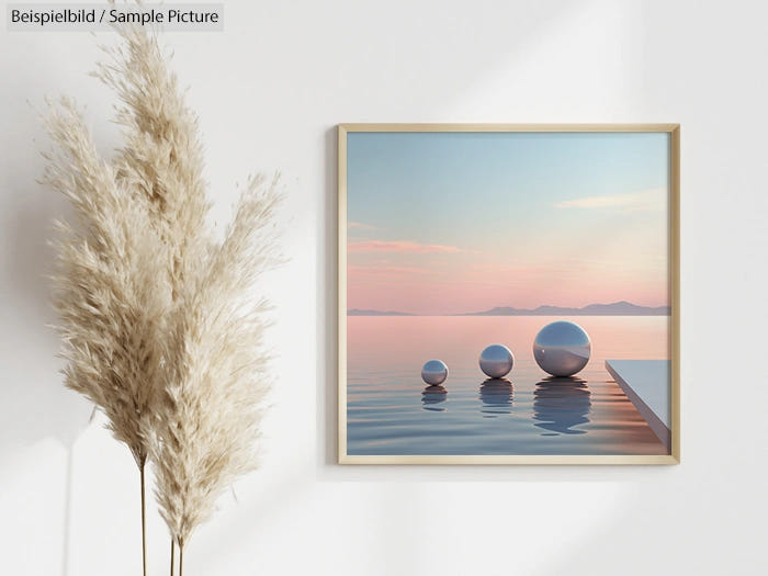 Framed print of spheres on calm water at sunset, next to pampas grass in vase.