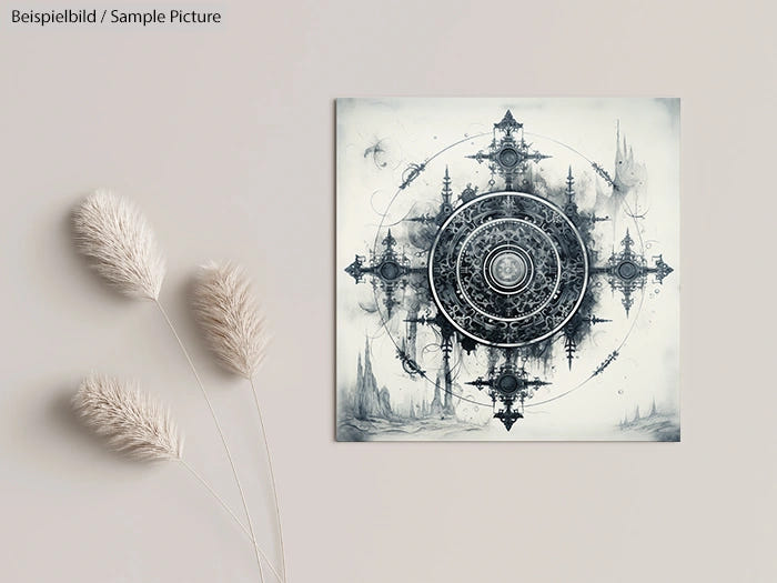 Abstract mandala art with intricate patterns on a wall, next to fluffy decorative grasses in a minimalist setting.