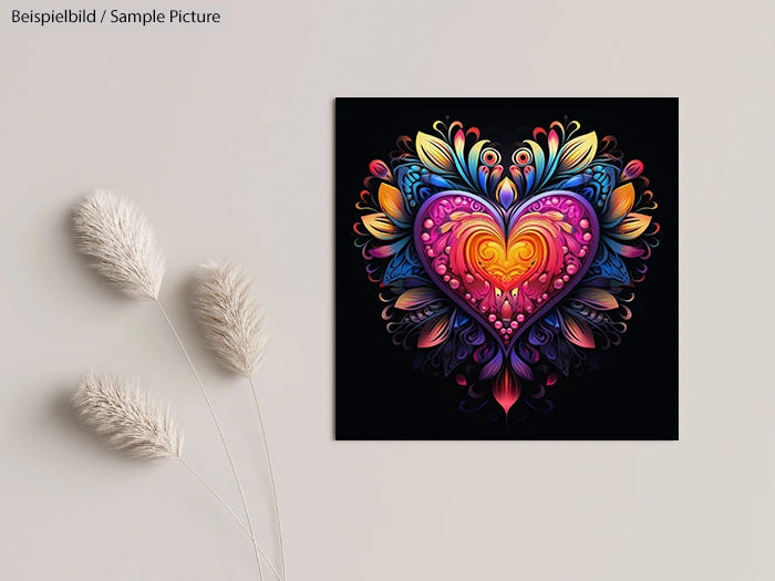 Vibrant heart-shaped mandala artwork with intricate floral patterns on a black background.