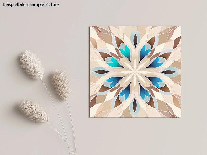 Abstract artwork with blue and beige floral pattern on a canvas, next to soft, white pampas grass arrangement.