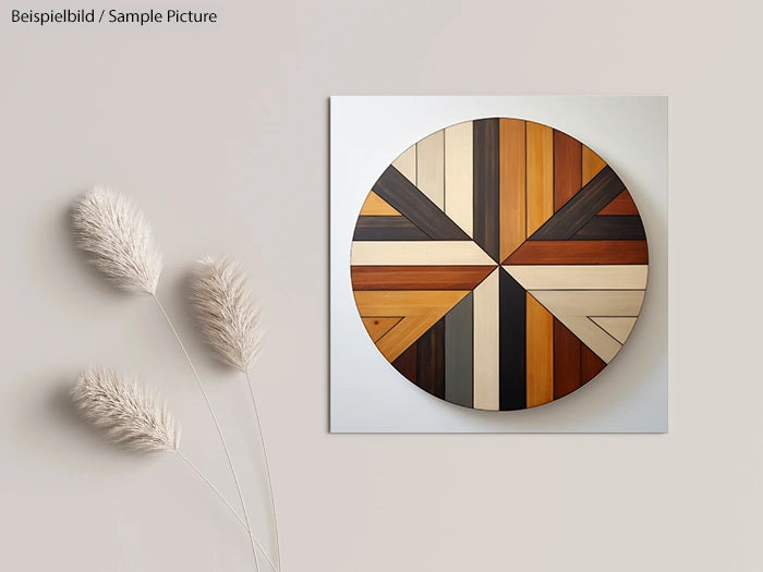 Wooden geometric wall art with a circular pattern and earthy tones beside a decorative plant on a neutral wall.