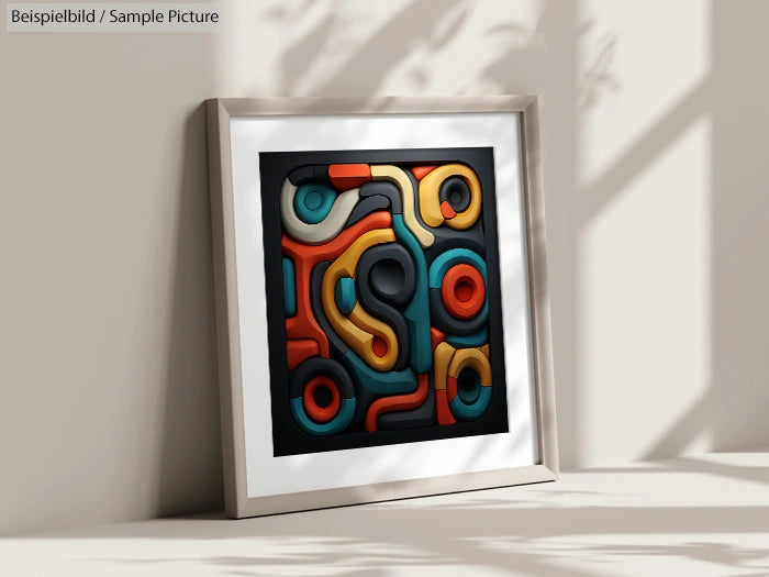 Framed abstract art with geometric shapes in earthy tones, leaning against a shadowed wall.