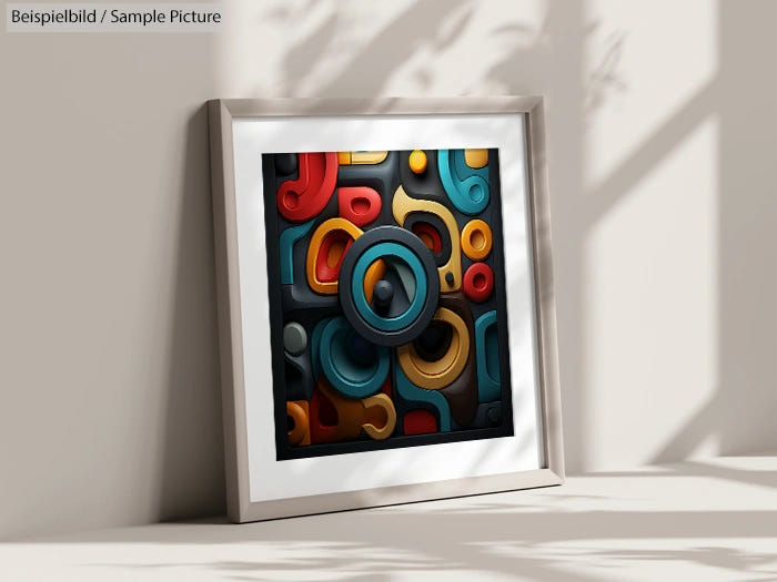 Framed abstract artwork with colorful swirling patterns in a sunlit room.