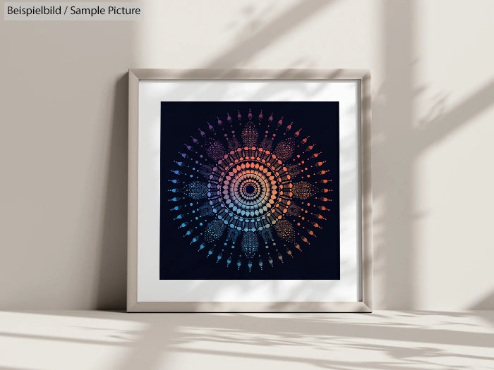 Framed mandala artwork with intricate blue and orange pattern against a dark background, sunlight casting shadows.