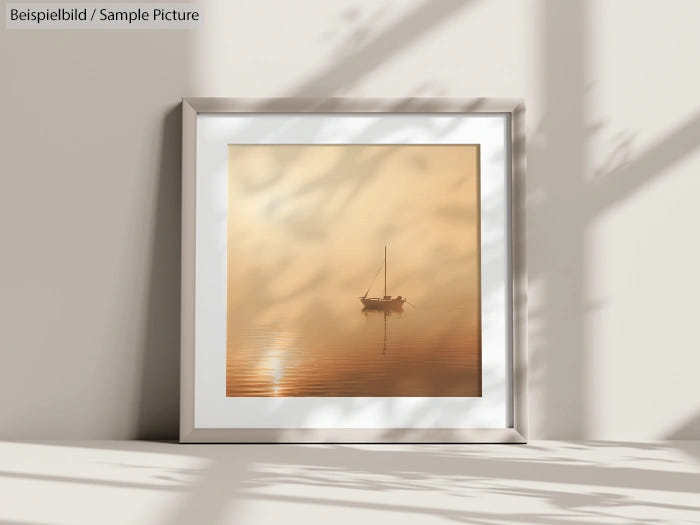 Framed photograph of a sailboat on calm waters in a sunlit room casting soft shadows.