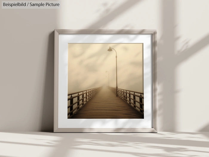 Framed picture of a foggy pier extending into the distance, casting shadows on a beige wall.