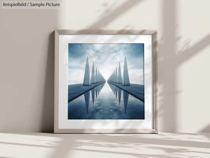 Framed artwork of a reflective water scene with symmetrical, conical structures under a cloudy sky.