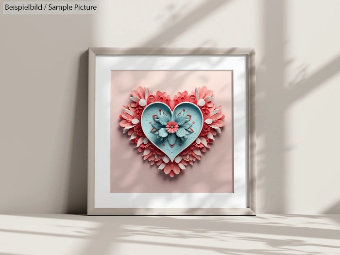 Framed heart-shaped artwork with floral design on a wall, casting soft shadows from nearby window.