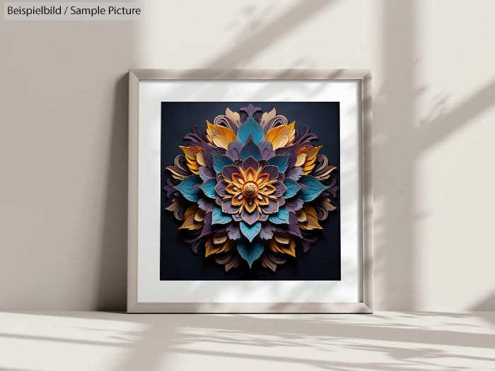 Framed paper art floral design in shades of blue, purple, and yellow with shadowed background.