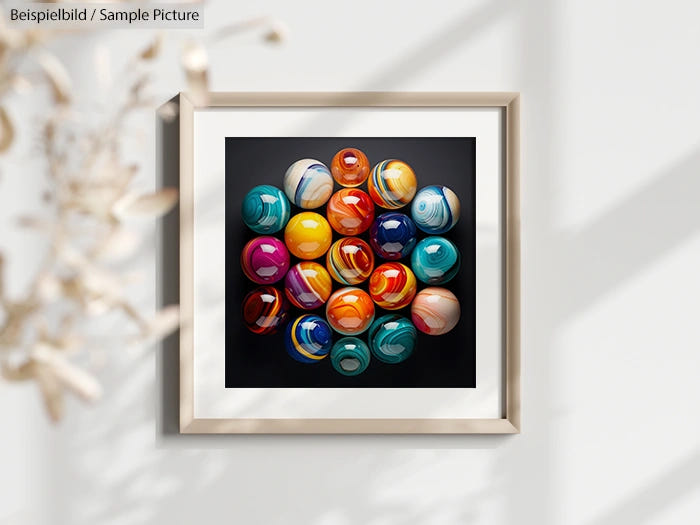 Framed artwork of colorful marbles on a black background, displayed on a wall with soft lighting and decor.