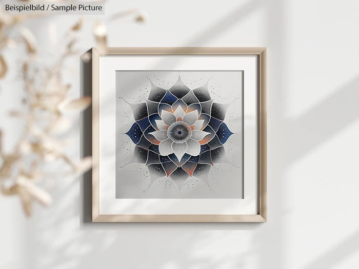 Framed geometric lotus artwork with black, white, and soft pink gradient petals in a well-lit room.