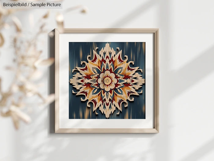 Framed geometric artwork with floral mandala design in earth tones, hanging on a white wall.