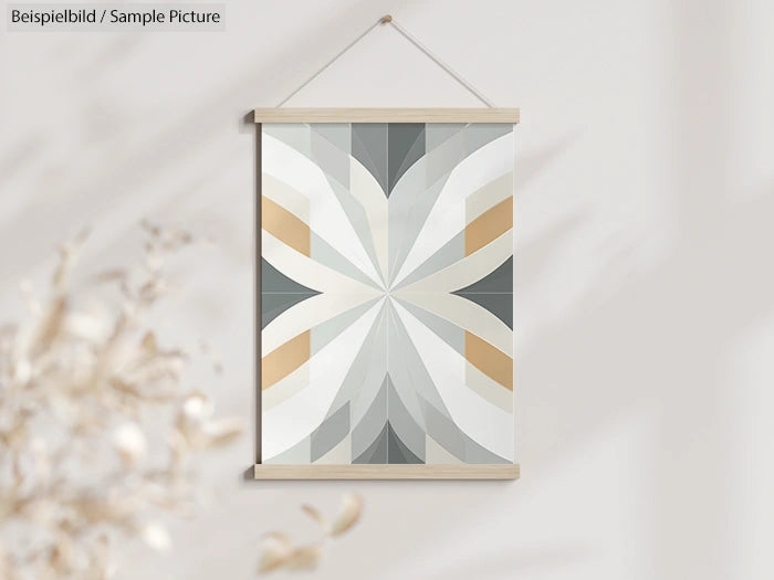 Abstract geometric wall art with gray, white, and beige patterns in a wooden frame.