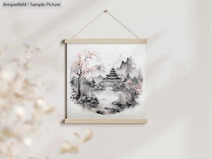 Hanging scroll with oriental landscape painting, featuring cherry blossoms, a bridge, and mountains in soft colors.