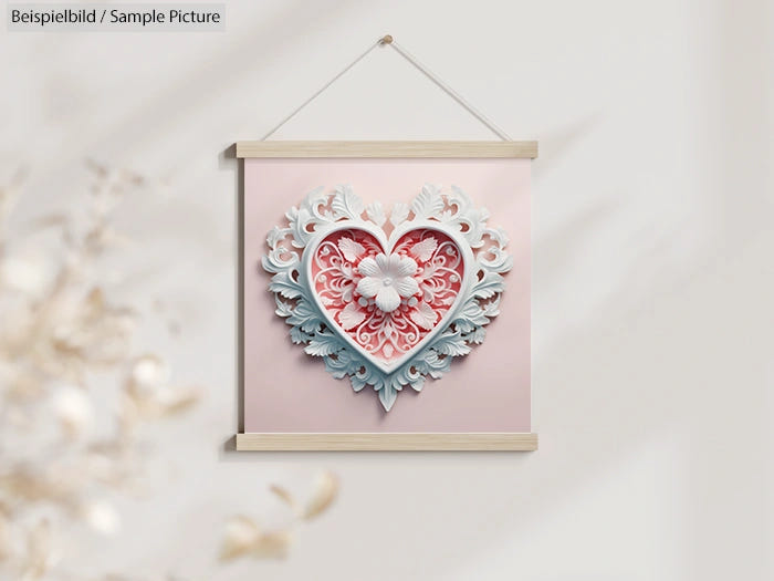 Decorative white and pink heart-shaped floral wall art hanging on a light-colored wall.