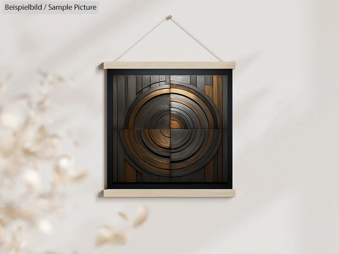 Wall art with circular wooden pattern in earthy tones, hanging in a light room with a blurred plant in the foreground.