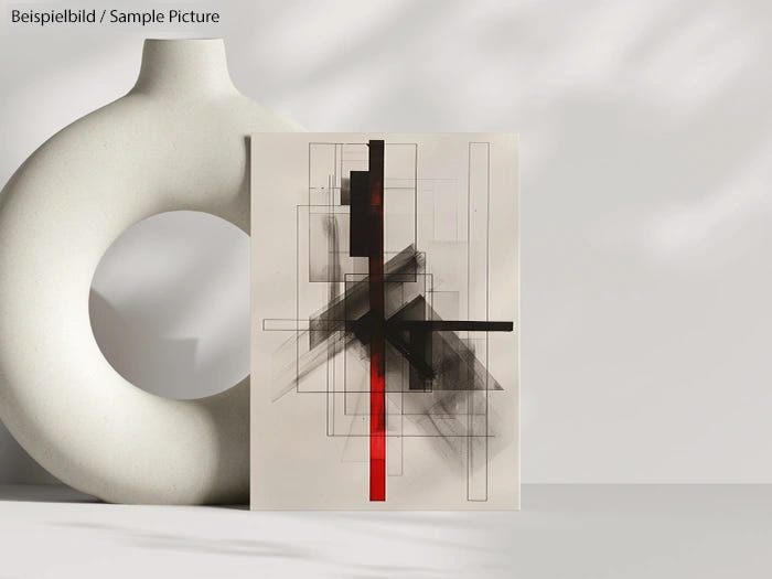 Abstract geometric art with black and red lines on a minimalist beige background, displayed next to a white sculpture.