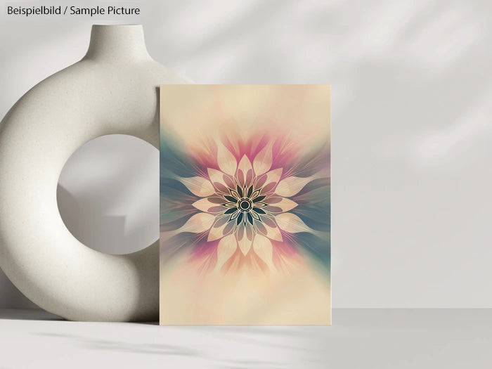 Abstract floral mandala design with earthy tones, placed against a sculptural white background.