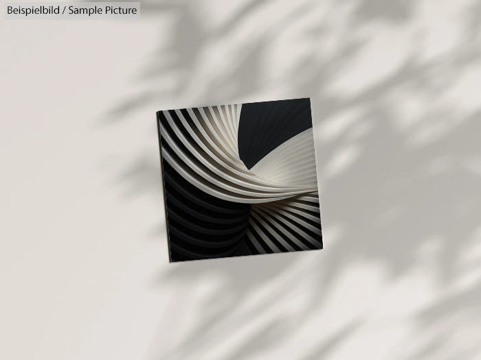 Abstract geometric art with curved black and white lines, casting shadows on a light background.