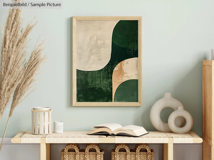 Modern room with abstract green and beige art, wicker bench, open book, and decorative vases on a light green wall.