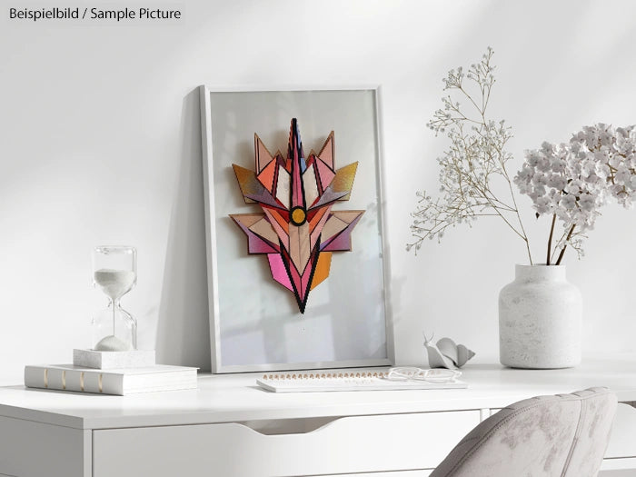 Decorative wall art on white desk with vases and hourglass.