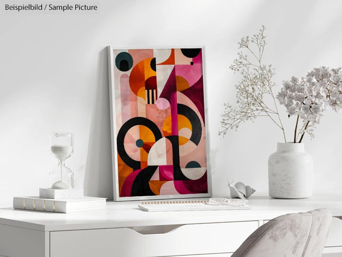 Modern abstract painting on a white desk, featuring bold geometric shapes and vibrant colors like pink, orange, and black.