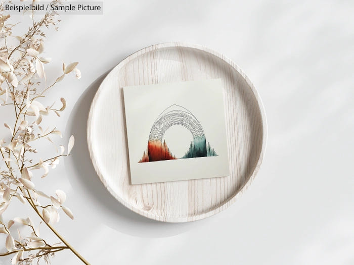 Minimalist artwork with colorful arch design on a wooden tray beside delicate dried flowers.