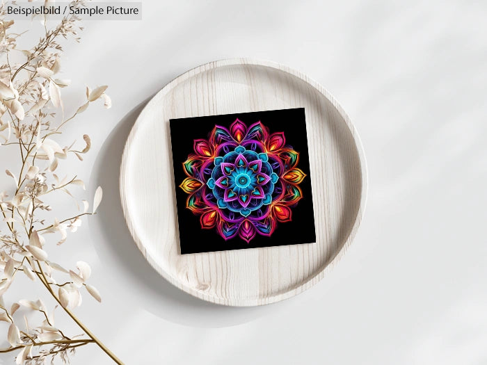 Colorful mandala design on a wooden tray with dried flowers on the side.