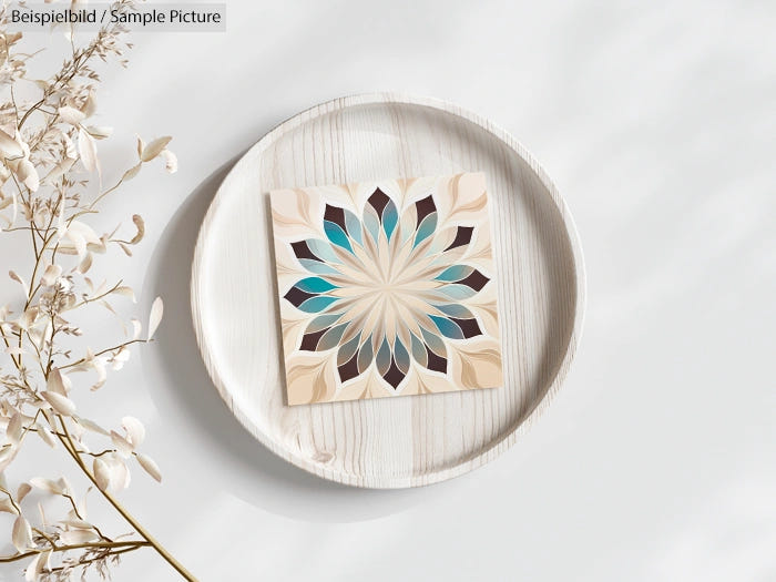 Decorative tile with floral pattern in blue and beige on a wooden tray, next to dried branches.