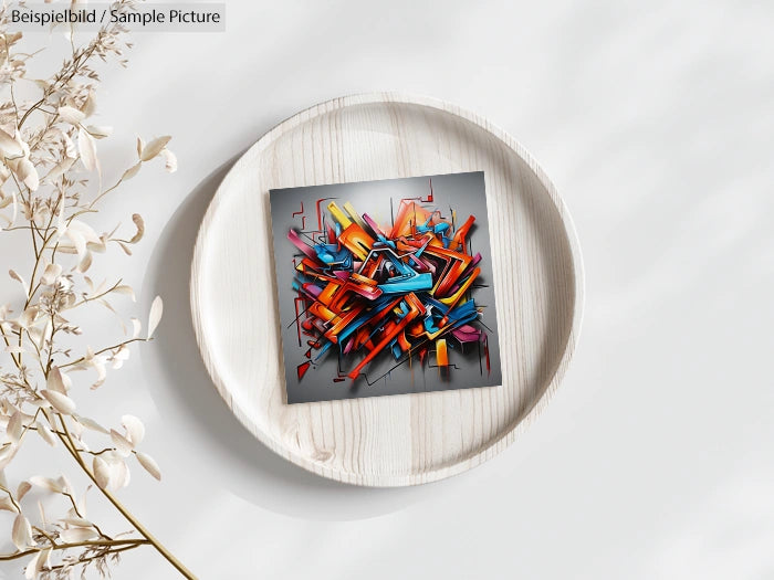 Colorful abstract geometric artwork on a round wooden surface with dried flowers.