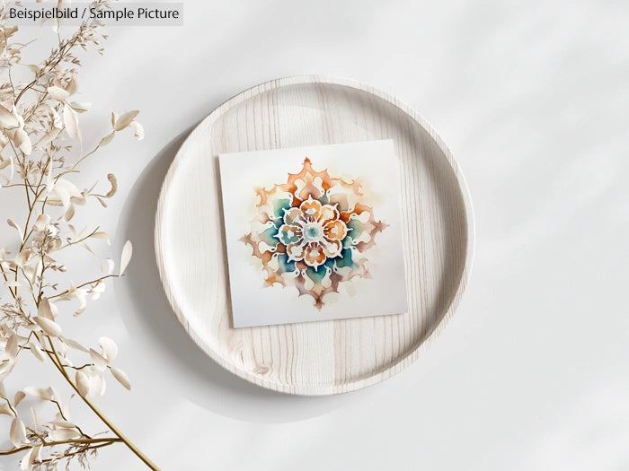 White plate with intricate floral mandala art, dried flowers beside it, on a light surface.