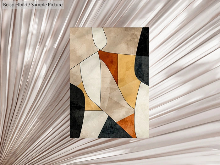 Abstract artwork with geometric shapes in earth tones against a radial textured background.