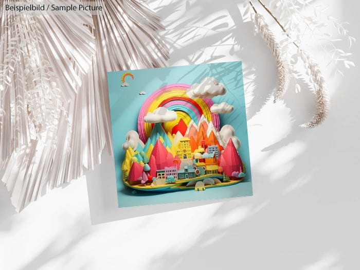 Colorful diorama of a whimsical cityscape with rainbow and clouds, surrounded by pastel mountains on a bright background.