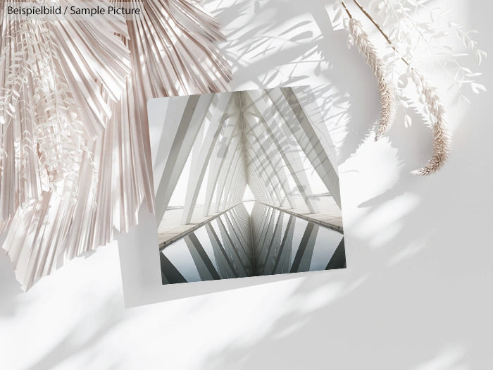 Geometric architectural photo surrounded by decorative white leaves casting shadows on a white surface.