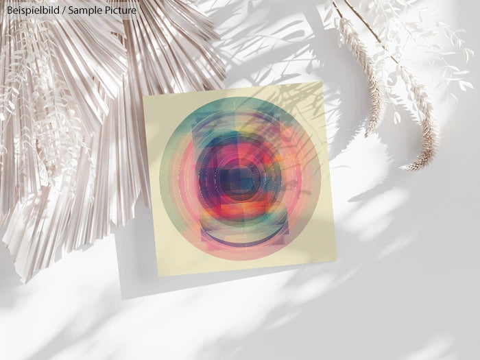 Colorful circular abstract artwork on paper with decorative dried leaves casting shadows on a white surface.