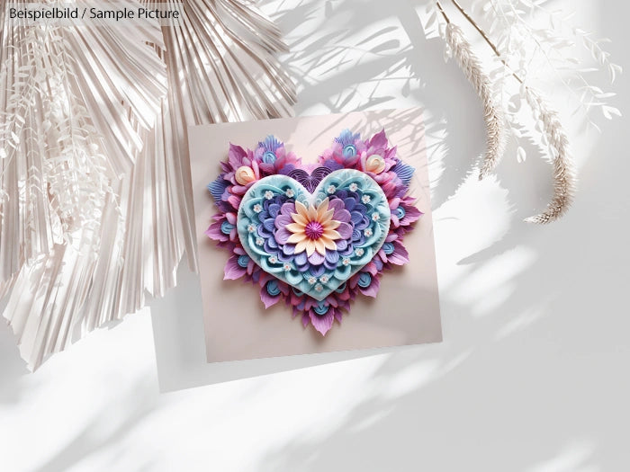 Colorful heart-shaped paper quilling design with layered pastel flowers on a white background.