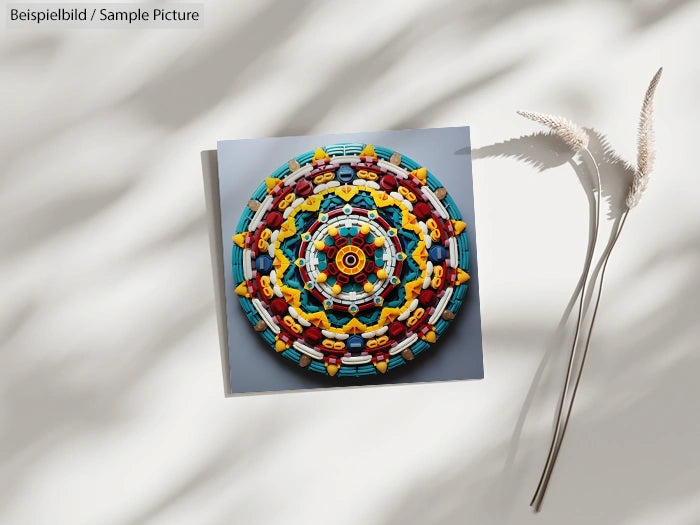 Colorful geometric wall art on a gray square panel with shadows of decorative grass, against a light background.