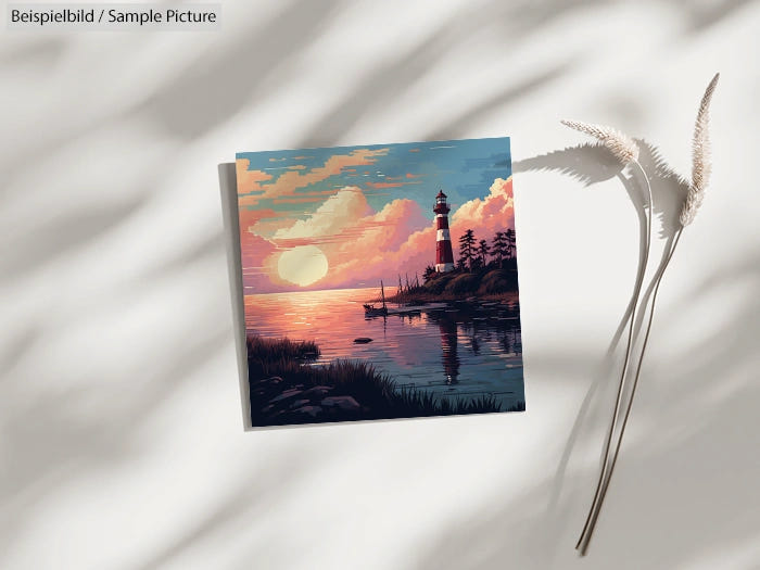 Square painting of a lighthouse at sunset, reflected in calm waters, next to flowers casting gentle shadows on a wall.