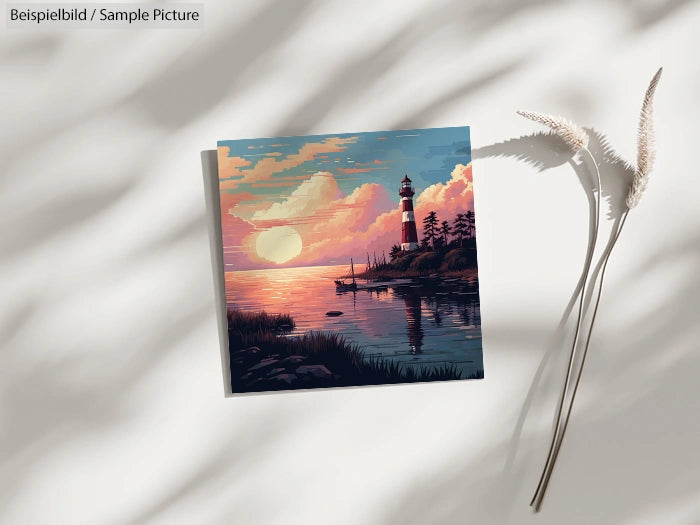 Square painting of a lighthouse at sunset, reflected in calm waters, next to flowers casting gentle shadows on a wall.