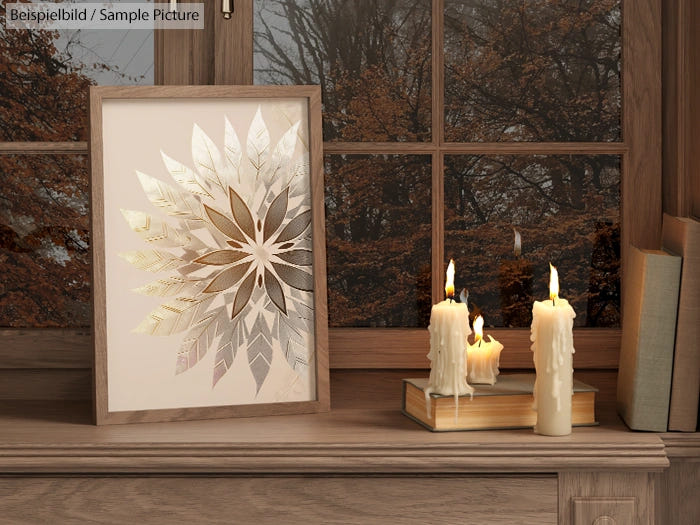 Rustic autumn scene with framed leaf art, lit candles, and books on a wooden surface by a window.