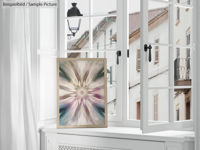 Framed abstract painting with starburst pattern on windowsill, overlooking European-style street through open window.