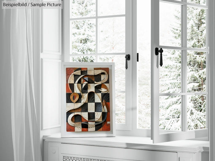 Snake-themed abstract painting on windowsill with snowy trees outside.