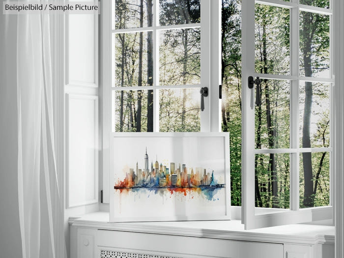 Artistic skyline painting by a window overlooking a green forest through white-framed glass panes.