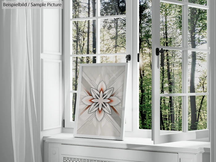 Decorative artwork with a geometric flower on a windowsill, open window revealing a forest view outside.