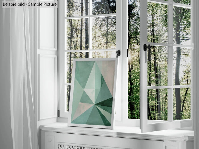 Abstract geometric painting with green shades on windowsill overlooking forest through open white-framed window.