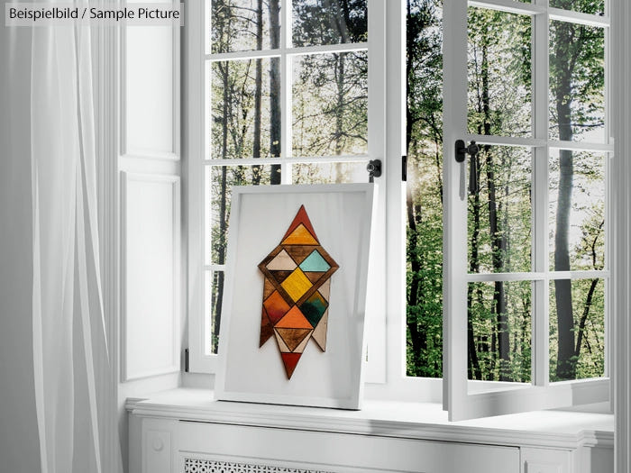 Framed abstract geometric artwork on a windowsill with an open window revealing a forest view.