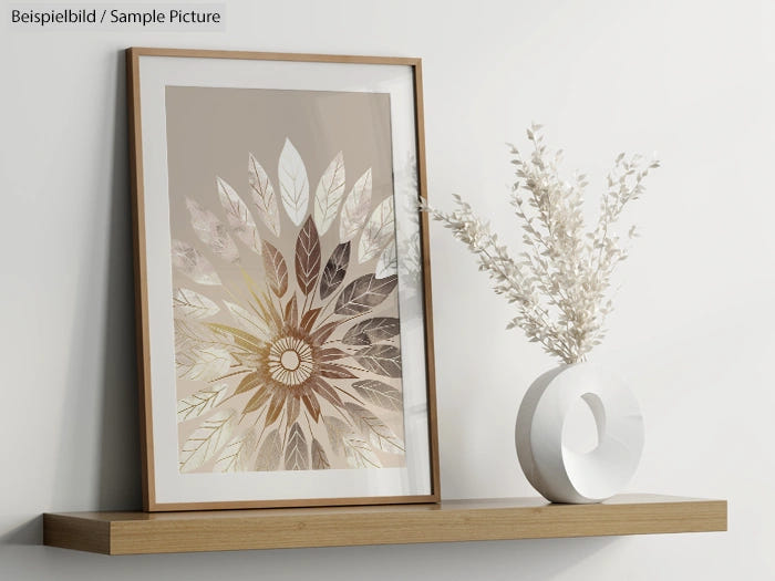 Framed sunflower artwork and white vase on a wooden shelf against a light wall.