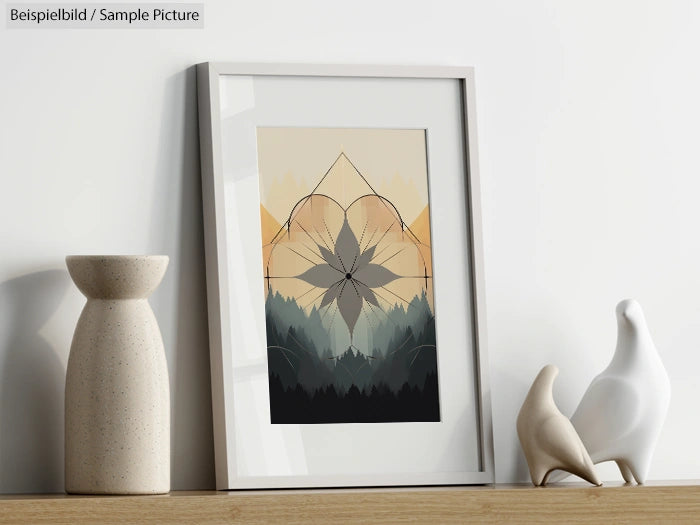 Framed abstract art with geometric floral design on a shelf with ceramic vases and bird figurines.